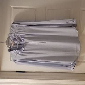 Sweet Light Blue Long-Sleeve Blouse with Ruffle Detail at Neckline, Size Medium